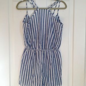 Blue and White Pinstripe Romper with Open Back